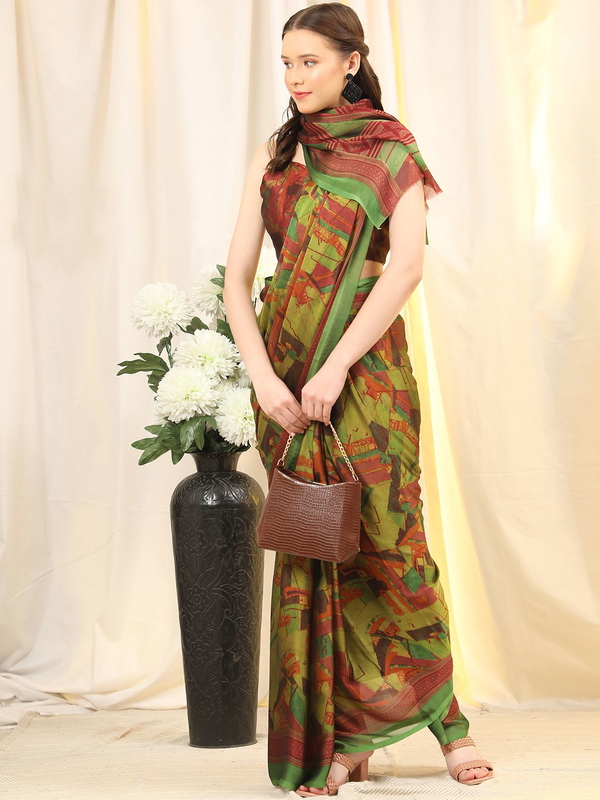Leeza Store Women's Green Chiffon Brasso Fancy Abstract Printed Trendy Saree With Running Blouse Piece - LZPKSROSE-GREEN - Green