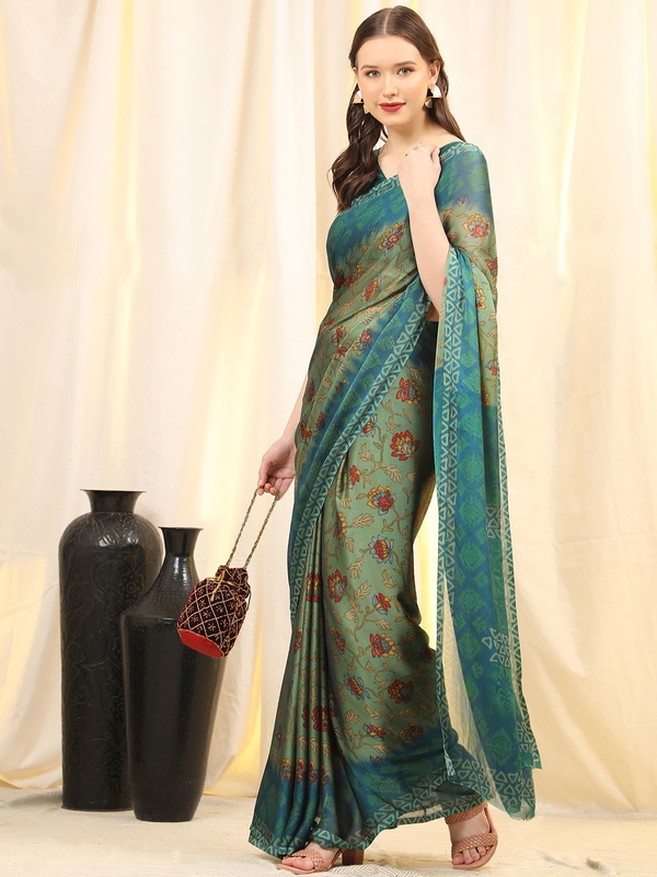 Leeza Store Women's Green Chiffon Brasso Fancy Floral Vine Printed Trendy Saree With Running Blouse Piece - LZPKSSHIV-GREEN - Green