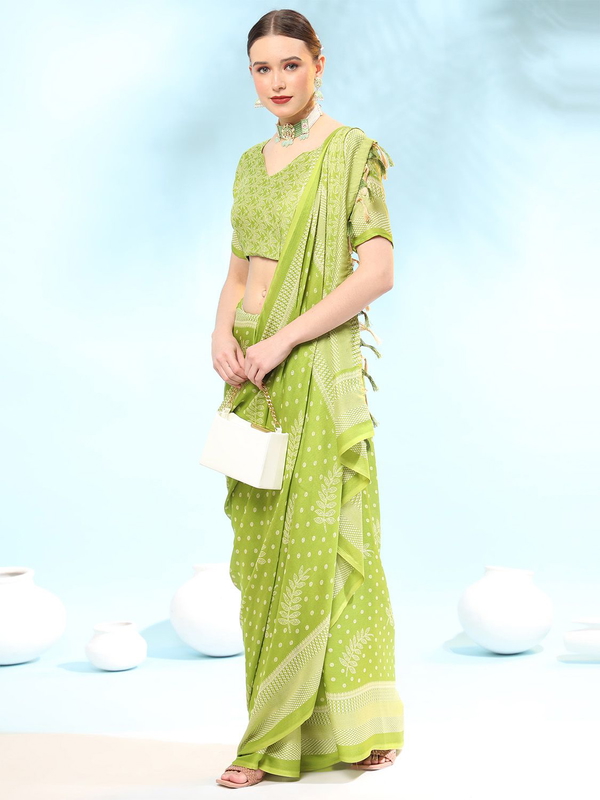 Leeza Store Women's Green Poly Chiffon Fancy Printed Trendy 2023 Tassels Latkan Saree With Running Blouse Piece - LZPKSKeya-Green - Green