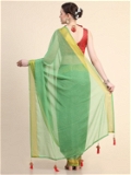 Leeza Store Women's Green Viscose Georgette Latest Design Fancy Printed Trendy 2023 Tassels Latkan Zari Border Saree With Running Blouse Peice - LZPKSJOHN-Green - Green