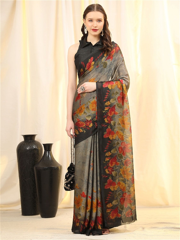 Leeza Store Women's Grey Chiffon Brasso Fancy Abstract Floral Printed Trendy Saree With Running Blouse Peice - LZPKSCHAND-GREY - Grey