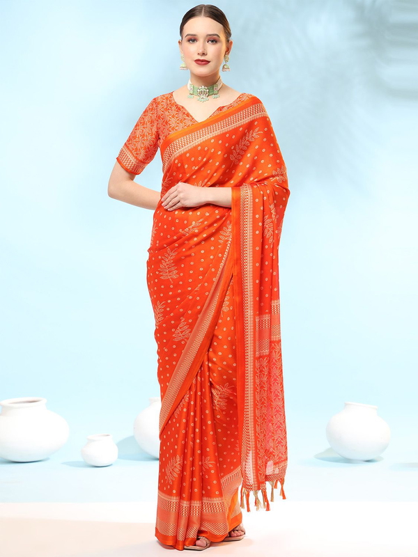 Leeza Store Women's Orange Poly Chiffon Fancy Printed Trendy 2023 Tassels Latkan Saree With Running Blouse Piece - LZPKSKEYA-Orange - Orange