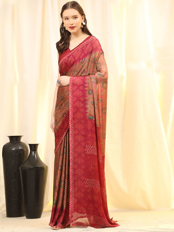 Leeza Store Women's Peach Chiffon Brasso Fancy Floral Vine Printed Trendy Saree With Running Blouse Piece - LZPKSSHIV-PEACH - Peach