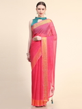 Leeza Store Women's Pink Viscose Georgette Latest Design Fancy Printed Trendy 2023 Tassels Latkan Zari Border Saree With Running Blouse Peice - LZPKSJOHN-Pink - Pink
