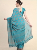 Leeza Store Women's Rama Poly Chiffon Fancy Printed Trendy 2023 Tassels Latkan Saree With Running Blouse Piece - LZPKSISHI-Royal Blue - Rama