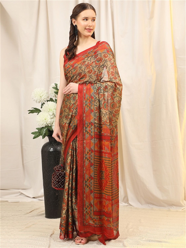 Leeza Store Women's Red Chiffon Brasso Fancy Abstract Floral Printed Trendy Saree With Running Blouse Piece - LZPKSDMN-RED - Red