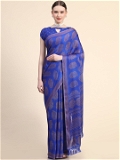 Leeza Store Women's Royal Blue Poly Chiffon Fancy Printed Trendy 2023 Tassels Latkan Saree With Running Blouse Piece - LZPKSISHI-Royal Blue - Royal Blue