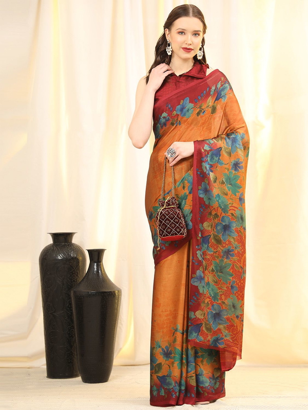 Leeza Store Women's Yellow Chiffon Brasso Fancy Abstract Floral Printed Trendy Saree With Running Blouse Peice - LZPKSCHAND-YELLOW - Yellow