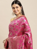 Leeza Store Silk Blend Golden Zari Floral Pattern Woven Banarasi Patola Saree With Blouse Piece - Pink