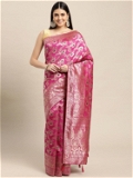 Leeza Store Silk Blend Golden Zari Floral Pattern Woven Banarasi Patola Saree With Blouse Piece - Pink