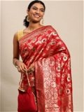 Leeza Store Silk Blend Golden Zari Floral Pattern Woven Banarasi Patola Saree With Blouse Piece - Red