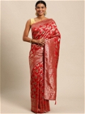 Leeza Store Silk Blend Golden Zari Floral Pattern Woven Banarasi Patola Saree With Blouse Piece - Red