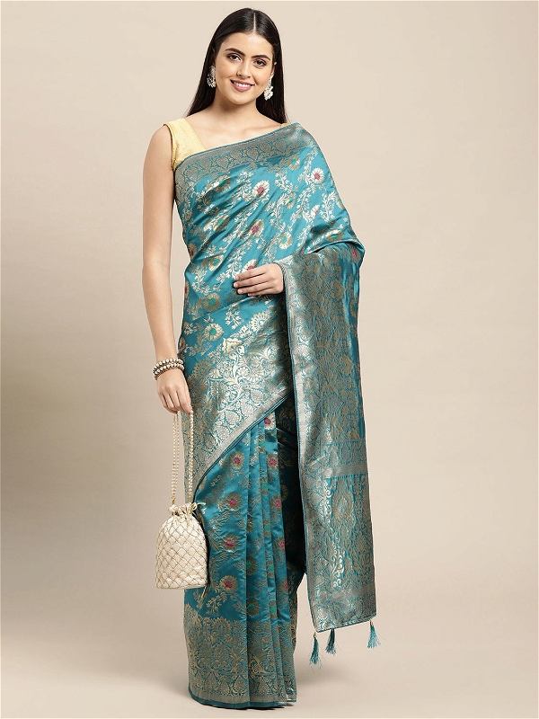 Leeza Store Silk Blend Golden Zari Floral Pattern Woven Banarasi Patola Saree With Blouse Piece - Turquoise
