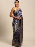 Leeza Store Silk Blend Golden Zari Floral Pattern Woven Banarasi Patola Saree With Blouse Piece - Navy Blue