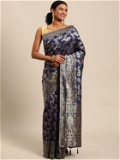 Leeza Store Silk Blend Golden Zari Floral Pattern Woven Banarasi Patola Saree With Blouse Piece - Navy Blue