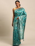 Leeza Store Silk Blend Golden Zari Floral Pattern Woven Banarasi Patola Saree With Blouse Piece - Ocean Green