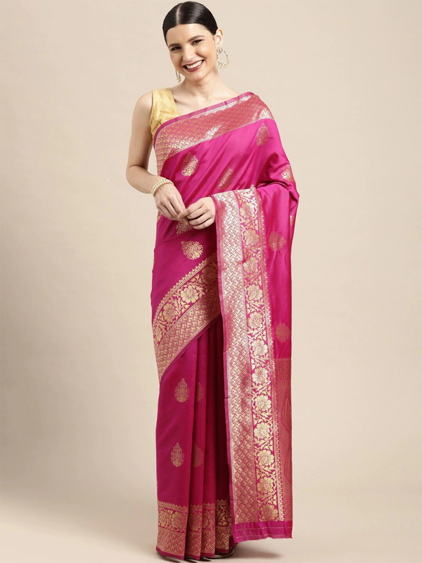 Leeza Store Silk Blend Zari Ethnic Motifs Floral Pattern Border Banarasi Saree With Blouse Piece - Hot Pink