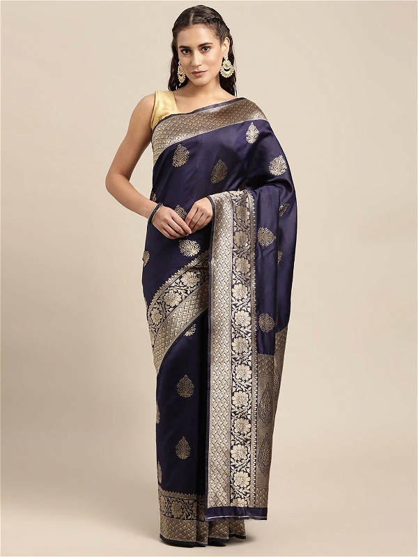 Leeza Store Silk Blend Zari Ethnic Motifs Floral Pattern Border Banarasi Saree With Blouse Piece - Navy Blue