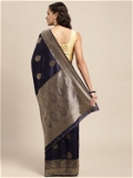 Leeza Store Silk Blend Zari Ethnic Motifs Floral Pattern Border Banarasi Saree With Blouse Piece - Navy Blue