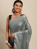 Leeza Store Tissue Silk Silver Zari Floral Ethnic Motifs Saree With Blouse Piece - Grey