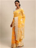 Leeza Store Tissue Silk Silver Zari Floral Ethnic Motifs Saree With Blouse Piece - Mango Yellow