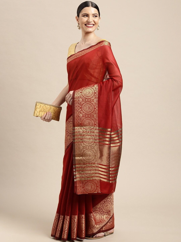 Leeza Store Women's Cotton Silk Golden Zari Border Jacquard Woven Plain Solid Saree with Unstitched Blouse Piece - Red