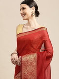Leeza Store Women's Cotton Silk Golden Zari Border Jacquard Woven Plain Solid Saree with Unstitched Blouse Piece - Red