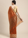 Leeza Store Women's Cotton Silk Golden Zari Border Jacquard Woven Plain Solid Saree with Unstitched Blouse Piece - Orange