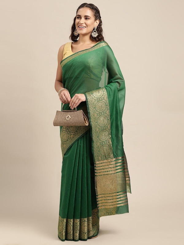Leeza Store Women's Cotton Silk Golden Zari Border Jacquard Woven Plain Solid Saree with Unstitched Blouse Piece - Dark Green