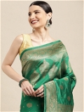 Leeza Store Women's Green Silk Blend Golden Zari FLoral Pattern Zari Butta Butti Woven Banarasi Style Saree with Unstitched Blouse Piece - Green