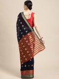 Leeza Store Women's Navy Blue Jacquard Cotton Blend Golden Zari Butta Butti Woven Maheshwari Saree With Blouse Piece - Navy Blue
