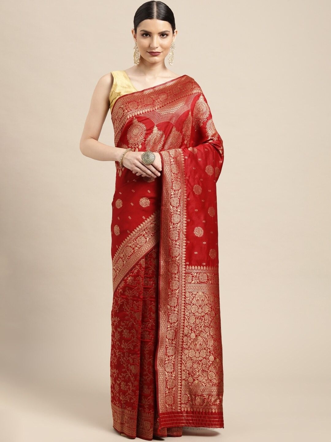 Women's Red Silk Blend Golden Zari FLoral Pattern Zari Butta Butti Woven  Banarasi Style Saree with Unstitched Blouse Piece