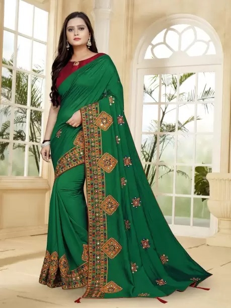 Embroidered, Printed, Woven, Embellished, Solid, Plain Bollywood Art Silk, Pure Silk Saree  (Green)