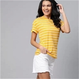 Women Striped Round Neck Yellow T-Shirt - S