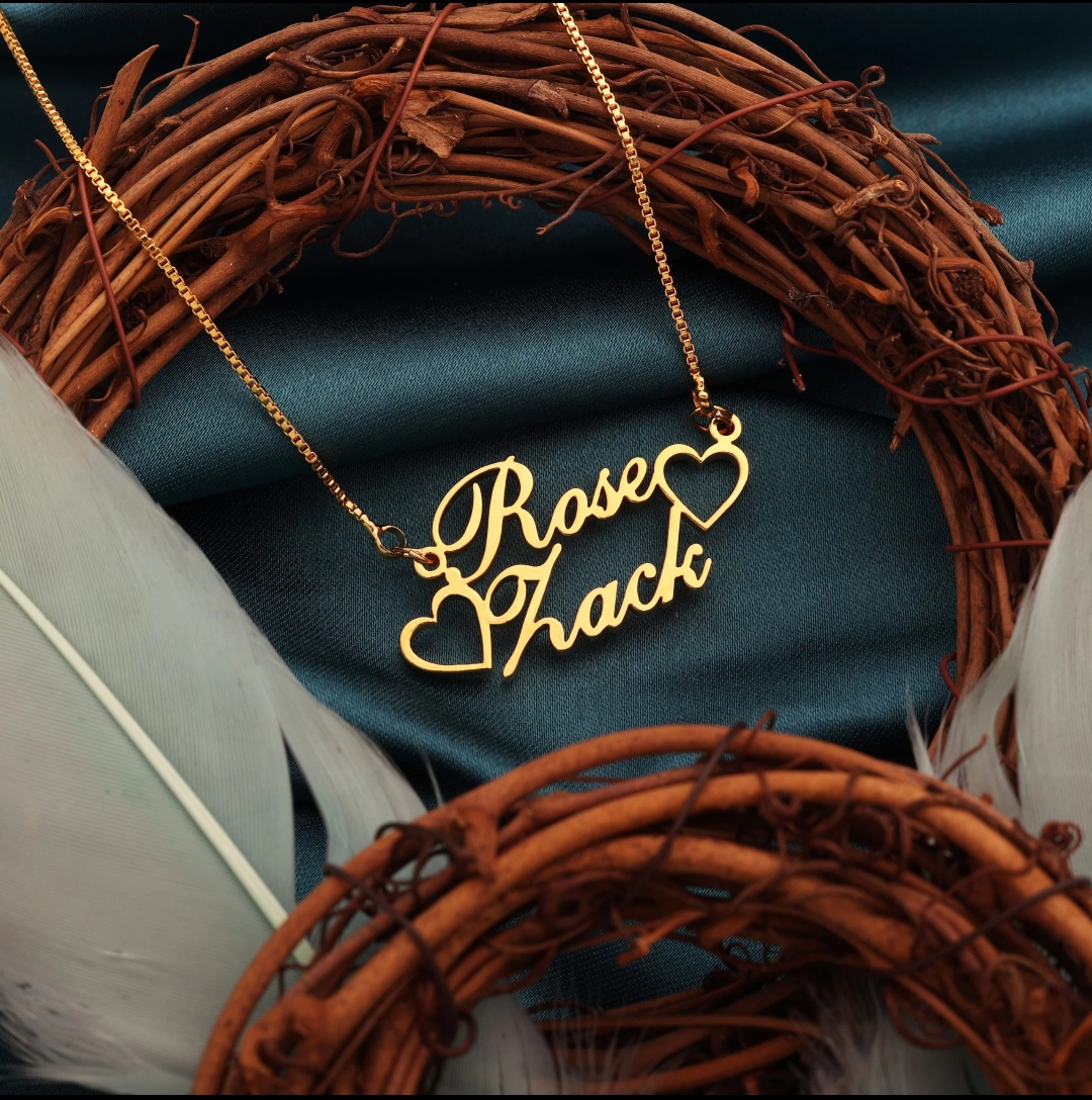 Heart Style Couple Name Necklace Gold