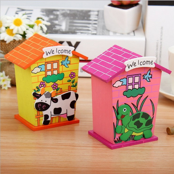 1663 CUTE CARTOON HOUSE SHAPED LOVELY WOODEN PIGGY BANK MONEY BANK
