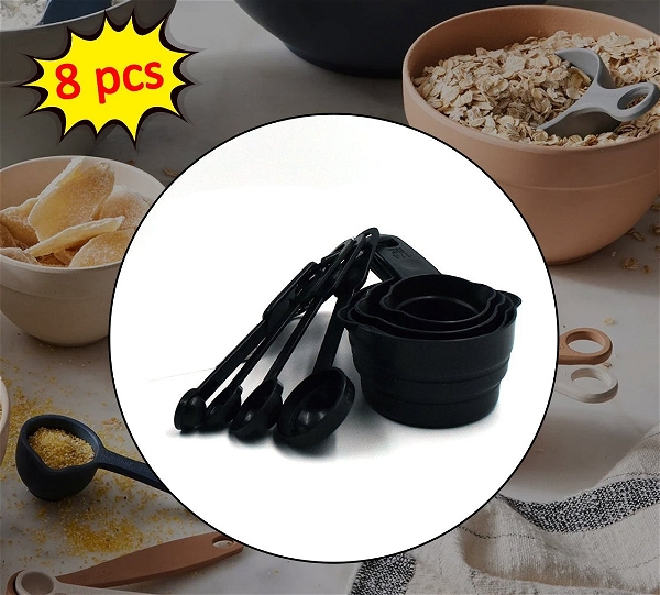 0106 PLASTIC MEASURING CUPS AND SPOONS (8 PCS, BLACK) With Out Box