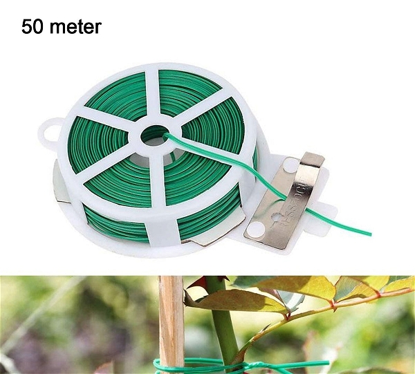 0873 PLASTIC TWIST TIE WIRE SPOOL WITH CUTTER FOR GARDEN YARD PLANT 50M (GREEN)