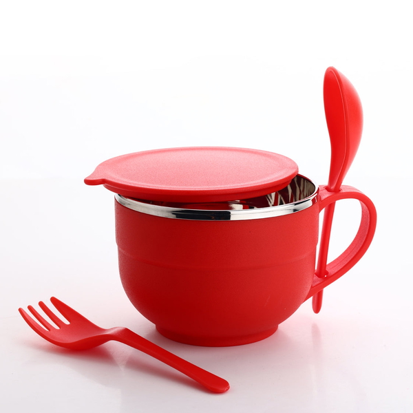 8130 NOODLES & SOUP BOWL WITH SPOON AND FORK HANDLE SPOON HOLDER, STAINLESS STEEL BOWL AND SPOON SET, STAINLESS STEEL STORAGE