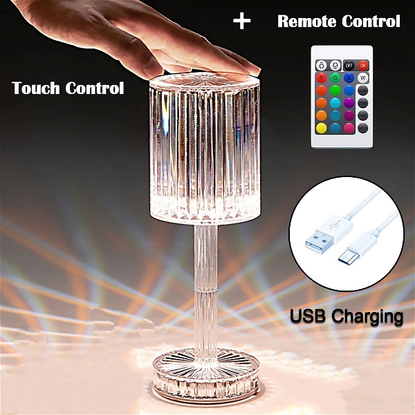6605 CRYSTAL TABLE LAMP , TOUCH CONTROL ATMOSPHERE NIGHTSTAND LAMP WITH USB CHARGING LINE