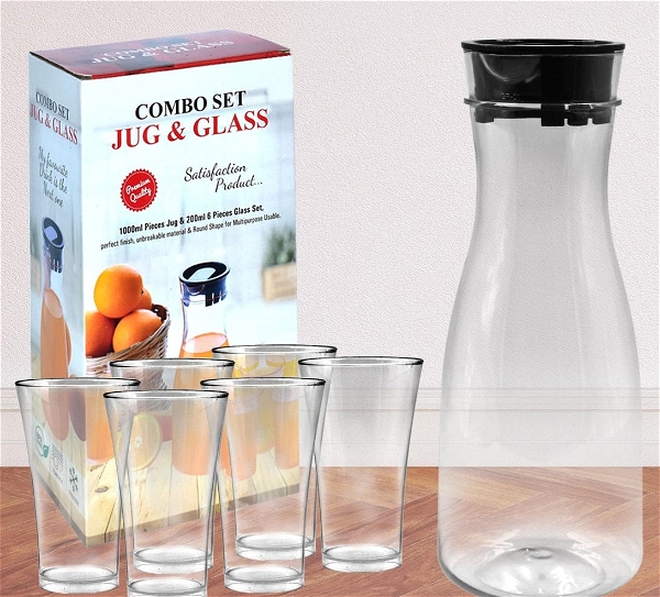 0076_6pcs TRANSPARENT UNBREAKABLE WATER JUICY JUG. GLASS COMBO SET FOR DINING TABLE OFFICE RESTAURANT