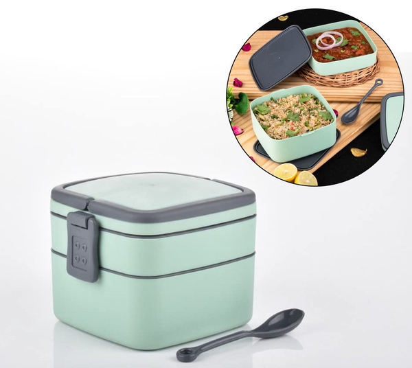 2837A GREEN DOUBLE-LAYER PORTABLE LUNCH BOX STACKABLE WITH CARRYING HANDLE AND SPOON LUNCH BOX