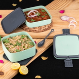 2837A GREEN DOUBLE-LAYER PORTABLE LUNCH BOX STACKABLE WITH CARRYING HANDLE AND SPOON LUNCH BOX