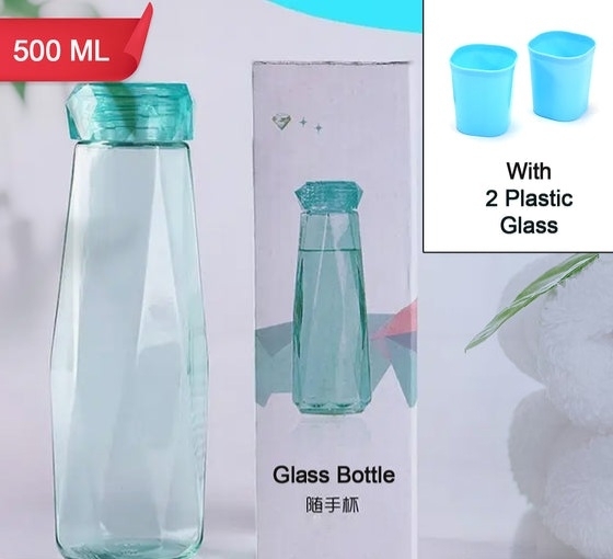 5213 GLASS FRIDGE WATER BOTTLE PLASTIC CAP WITH TWO WATER GLASS FOR HOME & KITCHEN USE