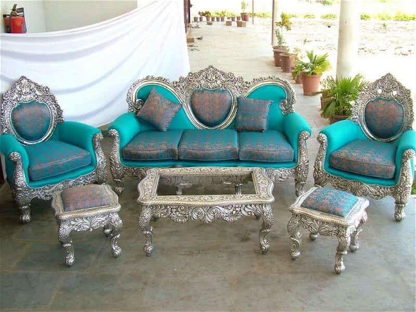 White Metal Sofa Set With Table & 2 Puffy - all colours