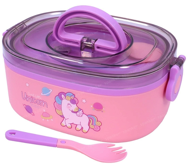 Homeoculture Unicorn Stainless Steel 600ML Leak Proof Reusable Freezer Safe with 2 in 1 Spoon and Fork BPA Free, Lunch Box for Boys, Girls, Kids, School & Office (Pack of 1)
