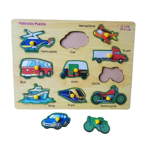 Homeoculture Wooden Colorful Montessori Transport Vehicles Learning Educational Board Tray with Knobs for Kids Age 3+ Years, Puzzle Tray Size - 21 X 28 cm (1 Pieces)