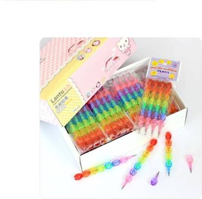 Homeoculture 48 Colourful Pearls Moti Design Non-Sharpening Stacking Pencil for Kids, Birthday Party Return Gifts Pencil��(Set of 12, Multicolor, Rainbow) - 0.5