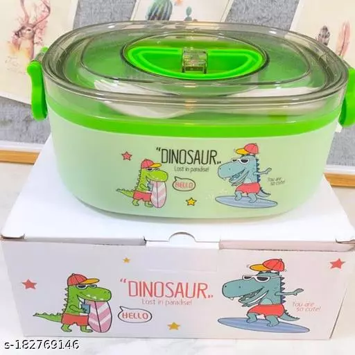 Homeoculture DINOSAUR 304 Stainless Steel 600ML Leak Proof Reusable Freezer Safe with 2 in 1 Spoon and Fork BPA Free, Lunch Box for Boys, Girls, Kids, School & Office (Pack of 1) - GREEN - 0.5