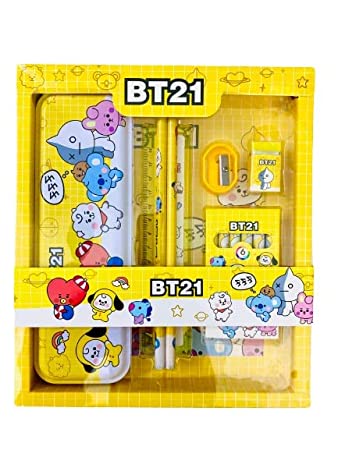 Homeoculture HomeoCulture BT21 BTS stationery Kit Including BT21 Pecil Box,2 Pencils,6 Crayon Colors,1 Ruler, Scale Eraser Sharpener (bt21 yellow kit) - 0.5
